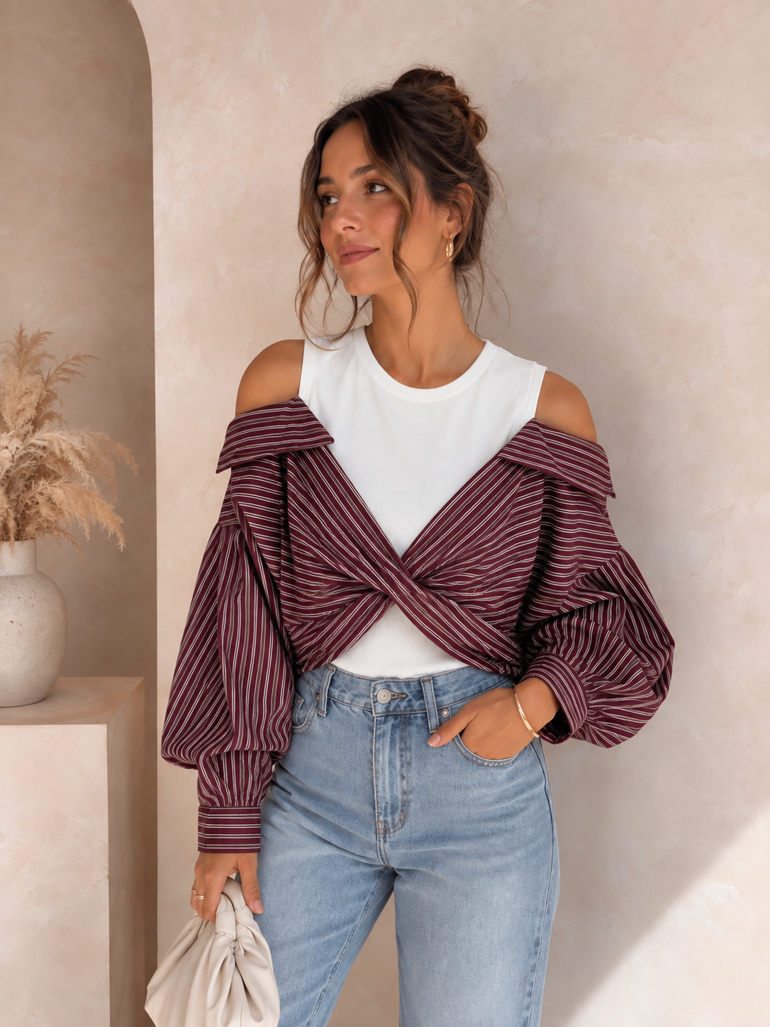 Top blanc + chemise bordeaux