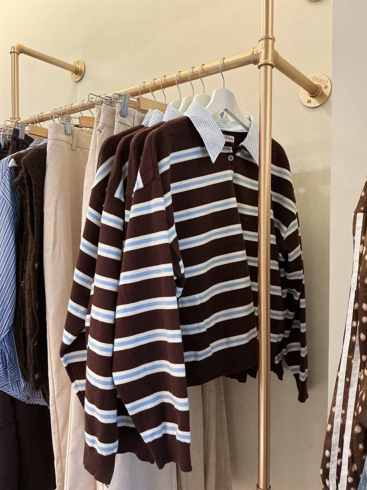 Polo col chemise ligné bleu/choco