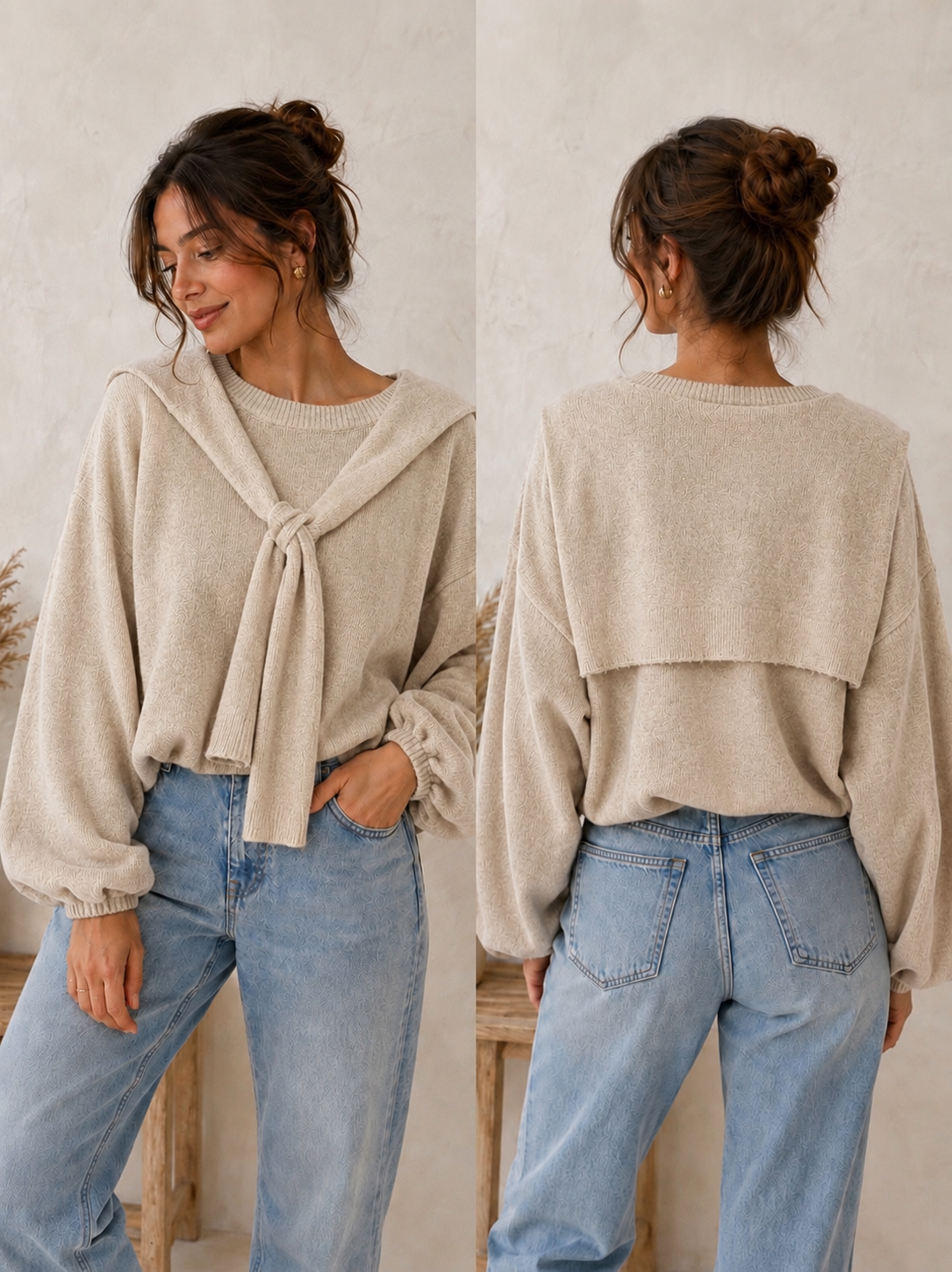 Pull beige attaché sur épaules
